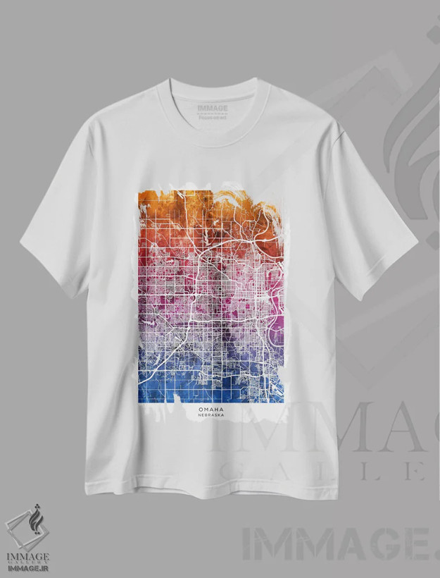 تیشرت سفید طرح دار – تیشرت مدرن ,نقشه اوماها آبی-صورتی اثر مایکل تامپست فروشگاه ایماژ