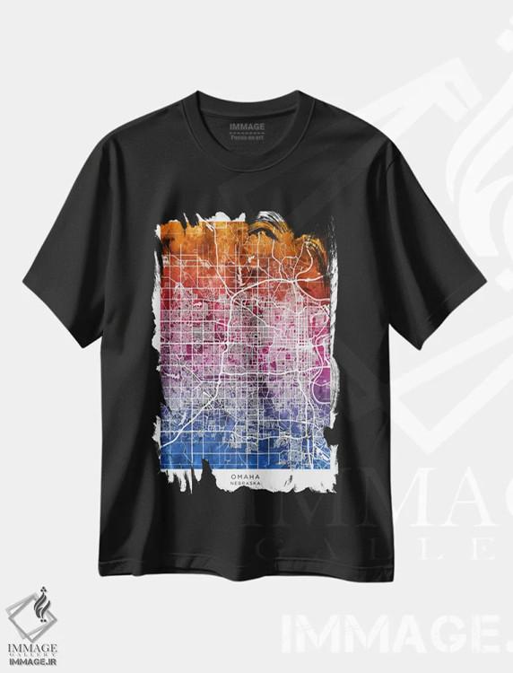 تیشرت مشکی طرح دار – تیشرت مدرن ,نقشه اوماها آبی-صورتی اثر مایکل تامپست immage.ir