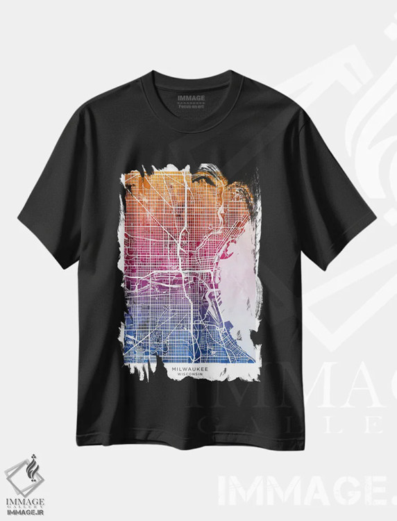 تیشرت مشکی طرح دار – تیشرت هنری شهری ,نقشه میلواکی آبی-صورتی اثر مایکل تامپست فروشگاه ایماژ