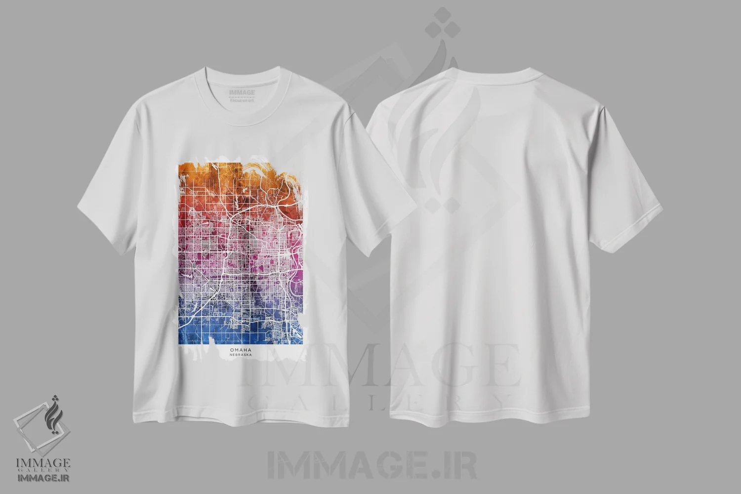 تیشرت سفید طرح دار – تیشرت مدرن ,نقشه اوماها آبی-صورتی اثر مایکل تامپست فروشگاه ایماژ