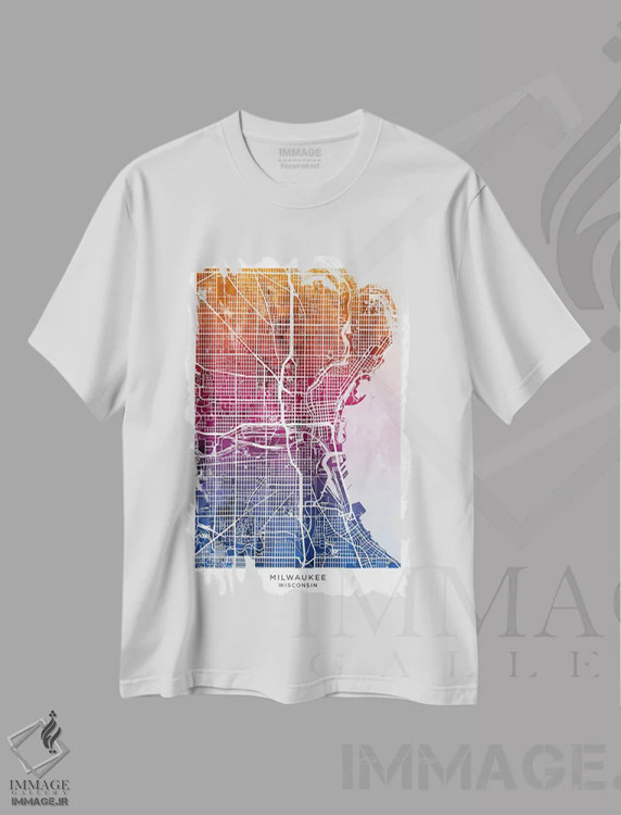 تیشرت سفید طرح دار – تیشرت هنری شهری ,نقشه میلواکی آبی-صورتی اثر مایکل تامپست immage.ir