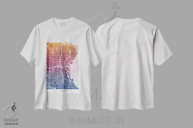تیشرت سفید طرح دار – تیشرت هنری شهری ,نقشه میلواکی آبی-صورتی اثر مایکل تامپست immage.ir