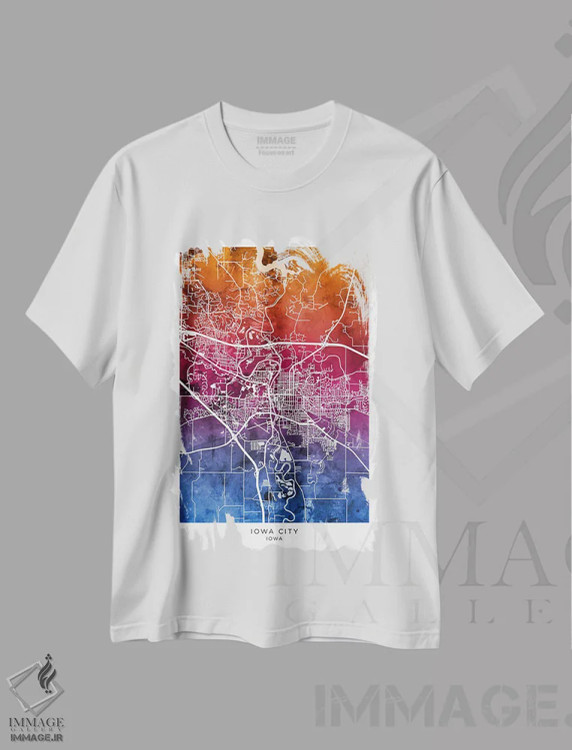 تیشرت سفید طرح دار – تیشرت شهری ,نقشه آیووا سیتی آبی-صورتی اثر مایکل تامپست فروشگاه ایماژ