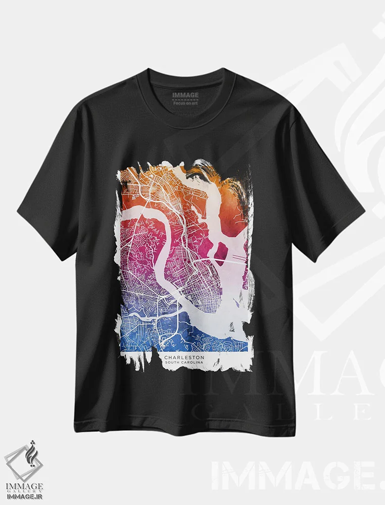 تیشرت مشکی طرح دار – تیشرت هنری شهر ,نقشه چارلستون آبی-صورتی اثر مایکل تامپست فروشگاه ایماژ