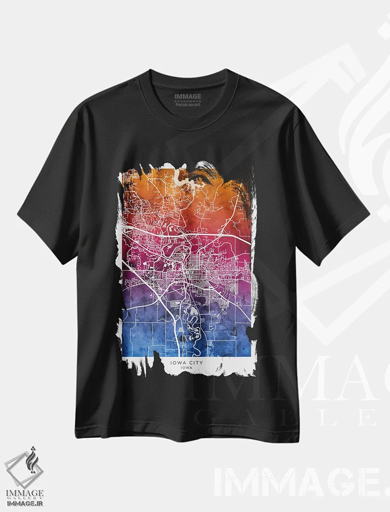 تیشرت مشکی طرح دار – تیشرت شهری ,نقشه آیووا سیتی آبی-صورتی اثر مایکل تامپست immage.ir