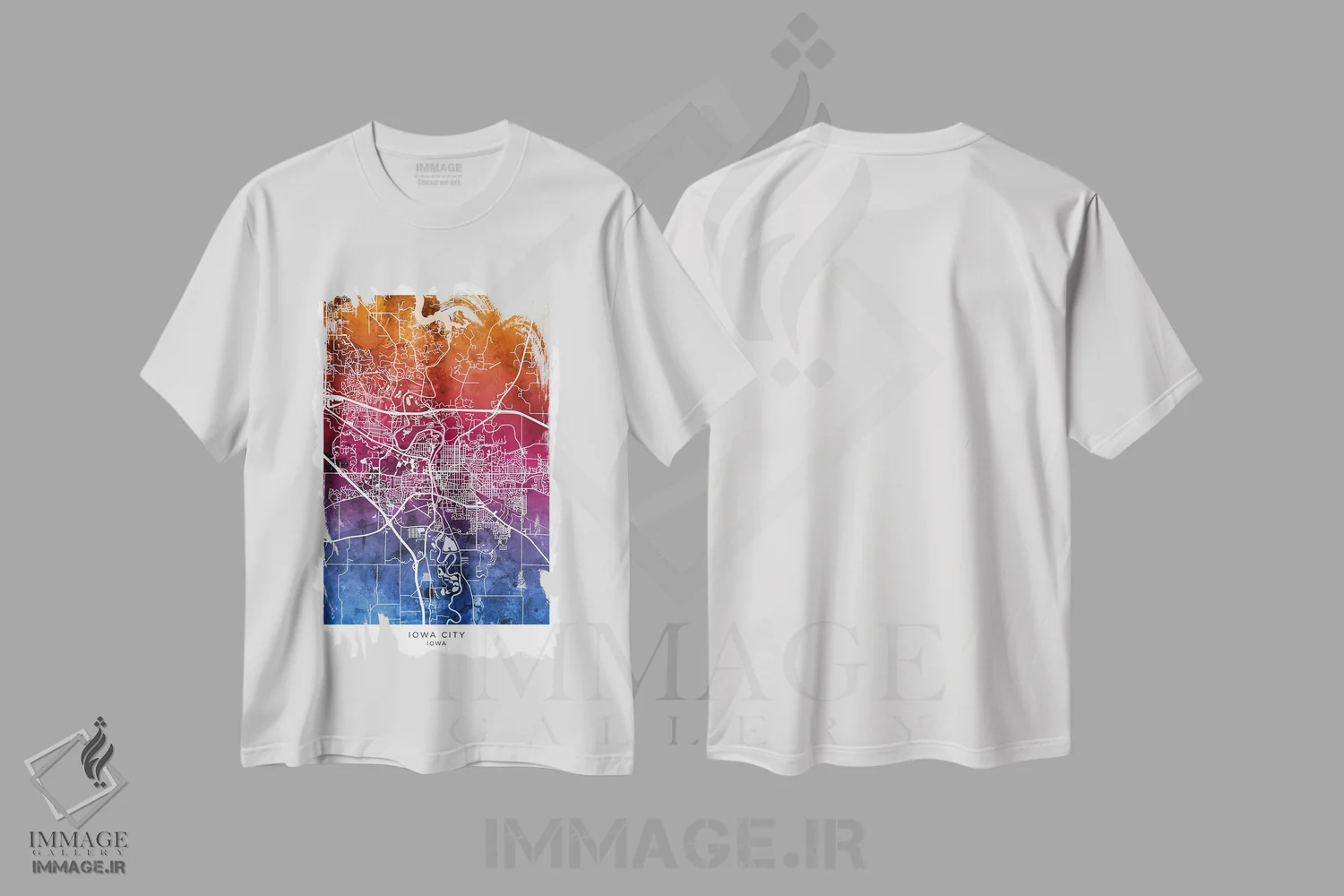 تیشرت سفید طرح دار – تیشرت شهری ,نقشه آیووا سیتی آبی-صورتی اثر مایکل تامپست فروشگاه ایماژ