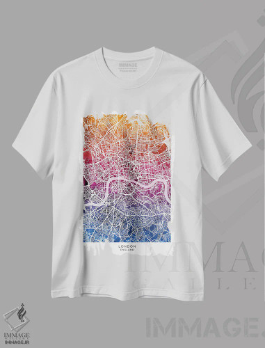 تیشرت سفید طرح دار – تیشرت گرافیکی ,نقشه لندن آبی-صورتی اثر مایکل تامپست فروشگاه ایماژ