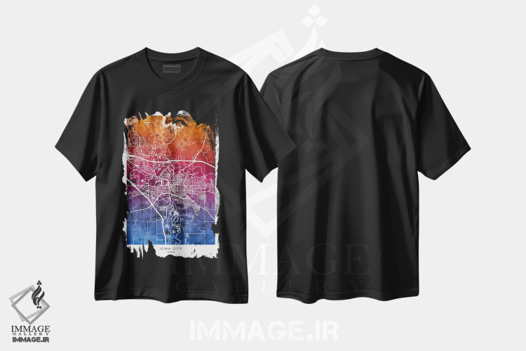 تیشرت مشکی طرح دار – تیشرت شهری ,نقشه آیووا سیتی آبی-صورتی اثر مایکل تامپست immage.ir