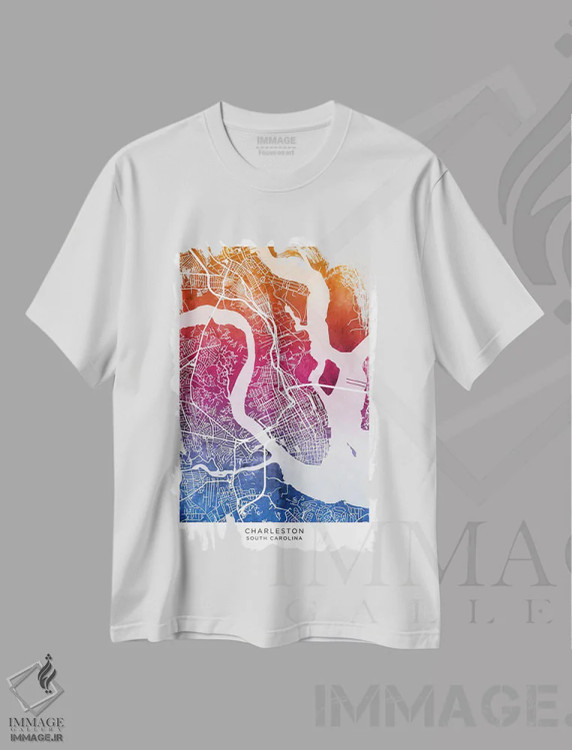 تیشرت سفید طرح دار – تیشرت هنری شهر ,نقشه چارلستون آبی-صورتی اثر مایکل تامپست immage.ir