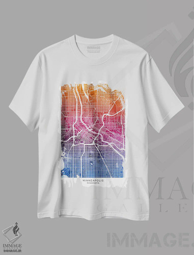 تیشرت سفید طرح دار – تیشرت مینیمال ,نقشه مینیاپولیس آبی-صورتی اثر مایکل تامپست فروشگاه ایماژ