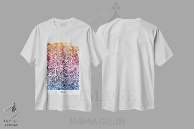 تیشرت سفید طرح دار – تیشرت گرافیکی ,نقشه لندن آبی-صورتی اثر مایکل تامپست فروشگاه ایماژ