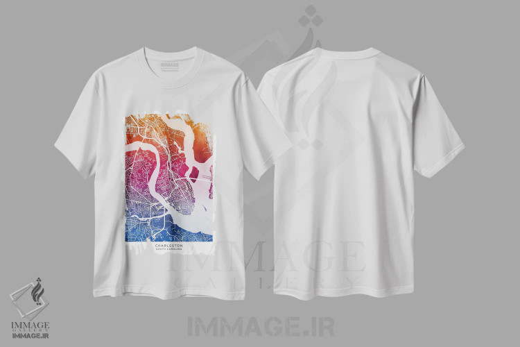 تیشرت سفید طرح دار – تیشرت هنری شهر ,نقشه چارلستون آبی-صورتی اثر مایکل تامپست immage.ir