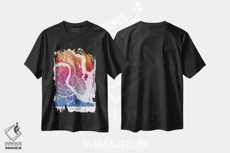 تیشرت مشکی طرح دار – تیشرت هنری شهر ,نقشه چارلستون آبی-صورتی اثر مایکل تامپست فروشگاه ایماژ