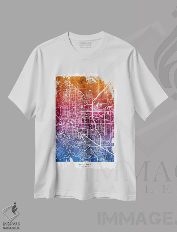 تیشرت سفید طرح دار – تیشرت پاپ آرت ,نقشه بولدر آبی-صورتی اثر مایکل تامپست immage.ir