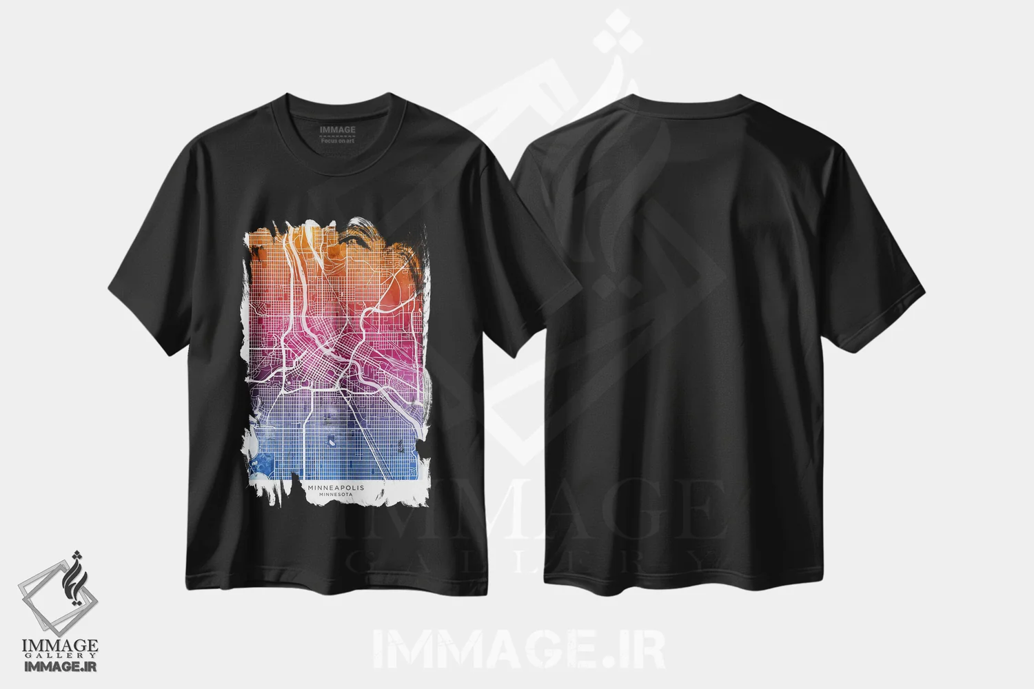 تیشرت مشکی طرح دار – تیشرت مینیمال ,نقشه مینیاپولیس آبی-صورتی اثر مایکل تامپست immage.ir