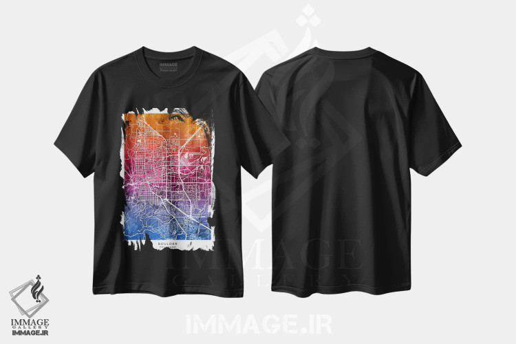 تیشرت مشکی طرح دار – تیشرت پاپ آرت ,نقشه بولدر آبی-صورتی اثر مایکل تامپست فروشگاه ایماژ