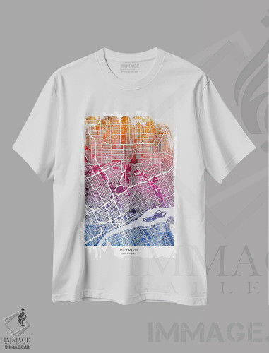 تیشرت سفید طرح دار – تیشرت گرافیکی ,نقشه دیترویت آبی-صورتی اثر مایکل تامپست فروشگاه ایماژ