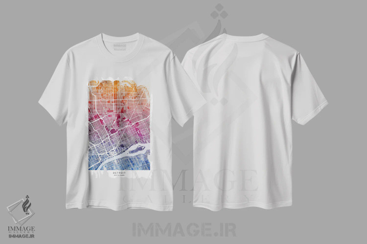 تیشرت سفید طرح دار – تیشرت گرافیکی ,نقشه دیترویت آبی-صورتی اثر مایکل تامپست فروشگاه ایماژ