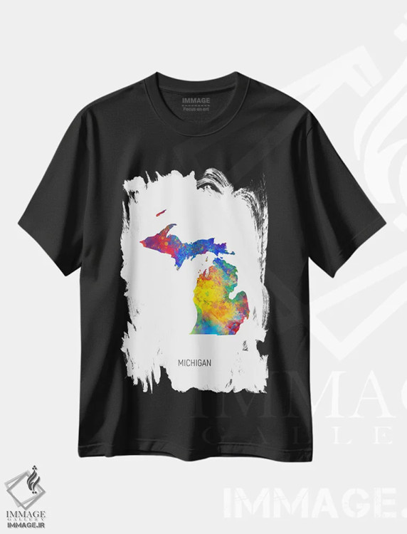 تیشرت مشکی طرح دار – تیشرت گرافیکی نقشه ,نقشه میشیگان اثر مایکل تامپست immage.ir