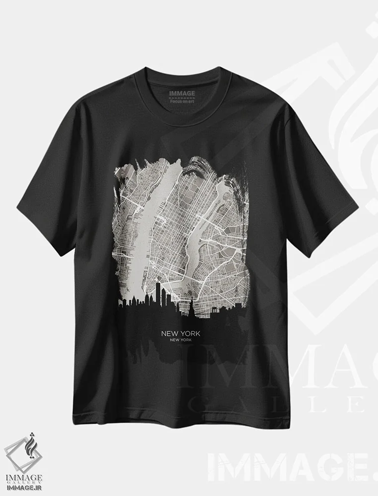 تیشرت مشکی طرح دار – تیشرت گرافیکی ,نقشه خط افق نیویورک سیتی اثر مایکل تامپست فروشگاه ایماژ