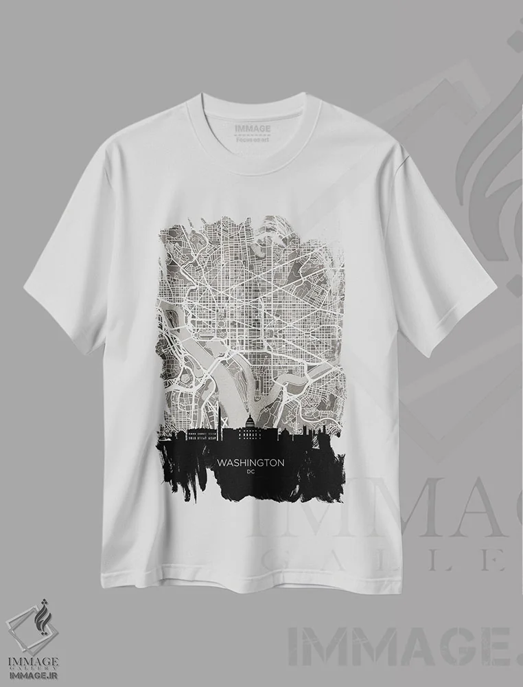 تیشرت سفید طرح دار – تیشرت هنری مینیمال ,نقشه خط افق واشینگتن اثر مایکل تامپست immage.ir