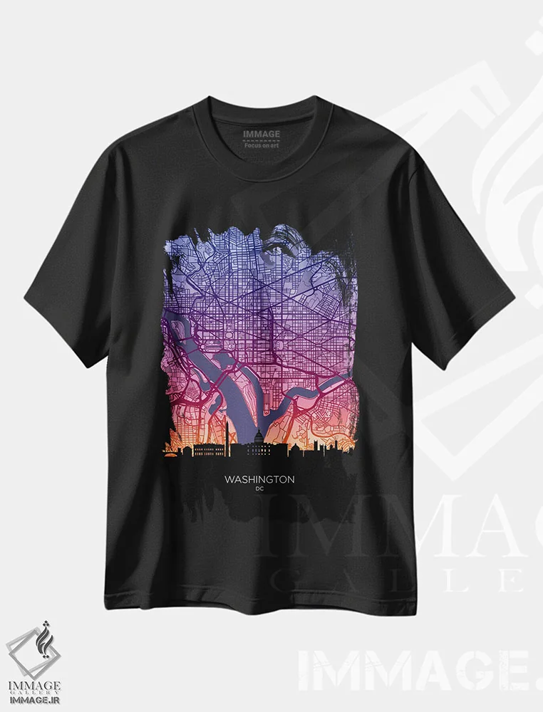 تیشرت مشکی طرح دار – تیشرت گرافیکی ,نقشه خط افق واشینگتن در غروب آفتاب اثر مایکل تامپست immage.ir