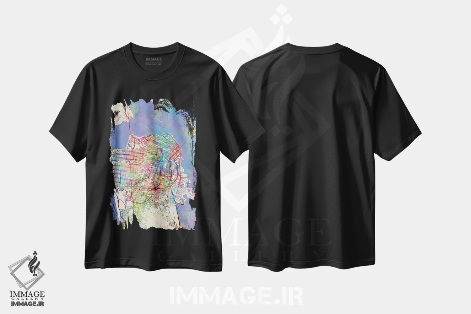 تیشرت مشکی طرح دار – تیشرت انتزاعی ,California, USA,نقشه رنگین کمانی سان فرانسیسکو، کالیفرنیا، آمریکا اثر مایکل تامپست فروشگاه ایماژ