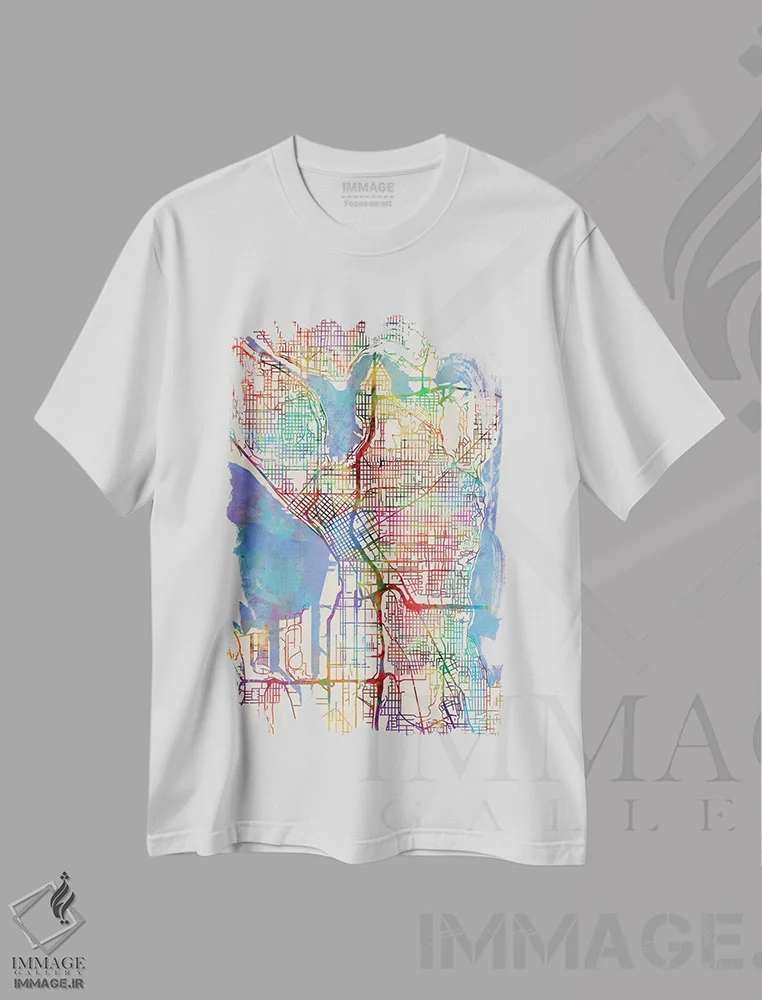 تیشرت سفید طرح دار – تیشرت گرافیکی ,Washington, USA,نقشه رنگین کمانی سیاتل، واشینگتن، آمریکا اثر مایکل تامپست فروشگاه ایماژ