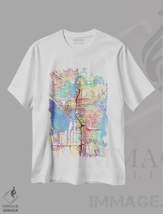 تیشرت سفید طرح دار – تیشرت گرافیکی ,Washington, USA,نقشه رنگین کمانی سیاتل، واشینگتن، آمریکا اثر مایکل تامپست فروشگاه ایماژ