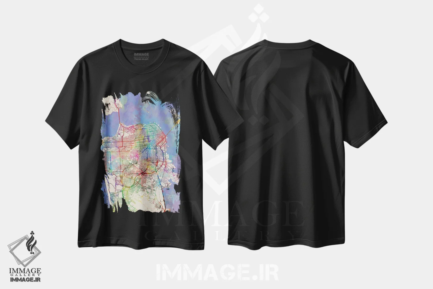 تیشرت مشکی طرح دار – تیشرت انتزاعی ,California, USA,نقشه رنگین کمانی سان فرانسیسکو، کالیفرنیا، آمریکا اثر مایکل تامپست فروشگاه ایماژ
