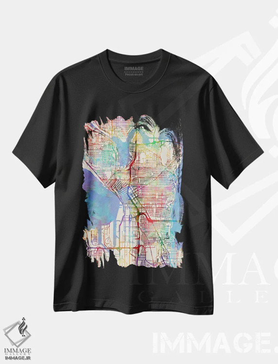 تیشرت مشکی طرح دار – تیشرت گرافیکی ,Washington, USA,نقشه رنگین کمانی سیاتل، واشینگتن، آمریکا اثر مایکل تامپست immage.ir