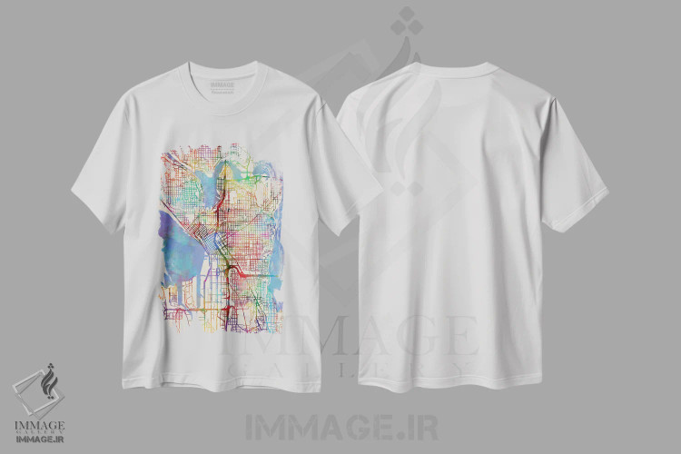 تیشرت سفید طرح دار – تیشرت گرافیکی ,Washington, USA,نقشه رنگین کمانی سیاتل، واشینگتن، آمریکا اثر مایکل تامپست فروشگاه ایماژ