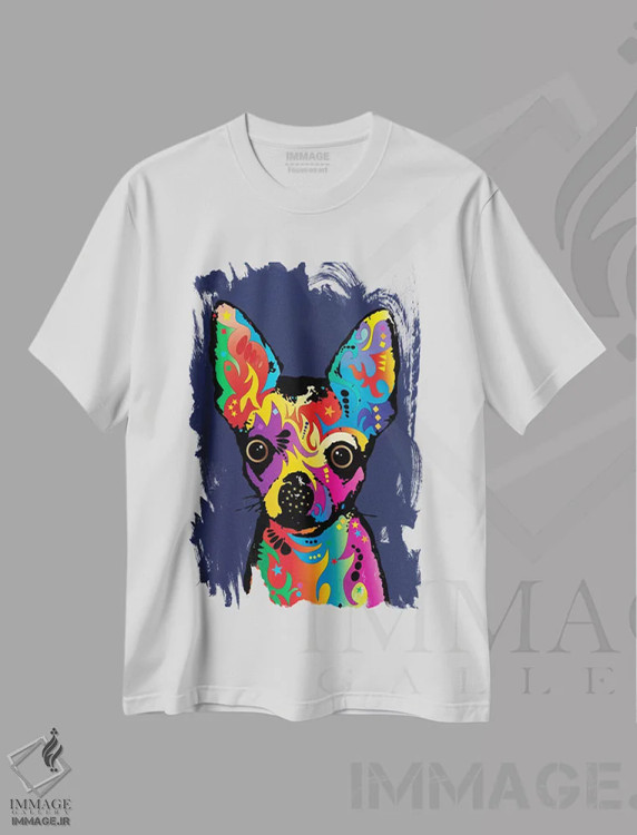 تیشرت سفید طرح دار – تیشرت حیوانات ,چی واوا رنگین کمانی روی زمینه آبی اثر مایکل تامپست immage.ir