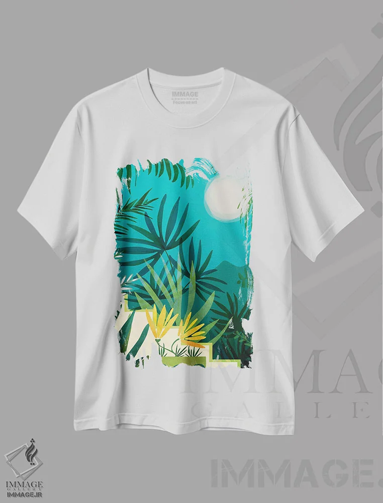 تیشرت سفید طرح دار – تیشرت طبیعت ,جنگل بارانی با نور ماه اثر مدرن تروپیکال immage.ir