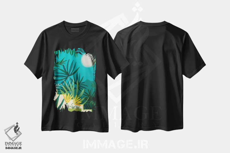 تیشرت مشکی طرح دار – تیشرت طبیعت ,جنگل بارانی با نور ماه اثر مدرن تروپیکال فروشگاه ایماژ