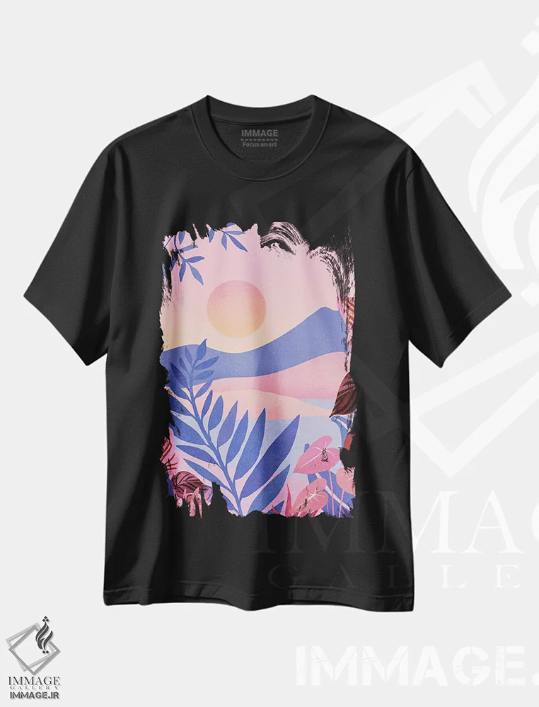 تیشرت مشکی طرح دار – تیشرت وینتیج ,غروب هاوایی اثر مدرن تروپیکال فروشگاه ایماژ