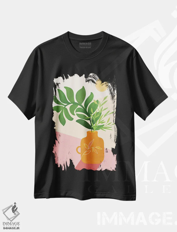 تیشرت مشکی طرح دار – تیشرت طبیعت ,سبزینه و نور خورشید اثر مدرن تروپیکال فروشگاه ایماژ