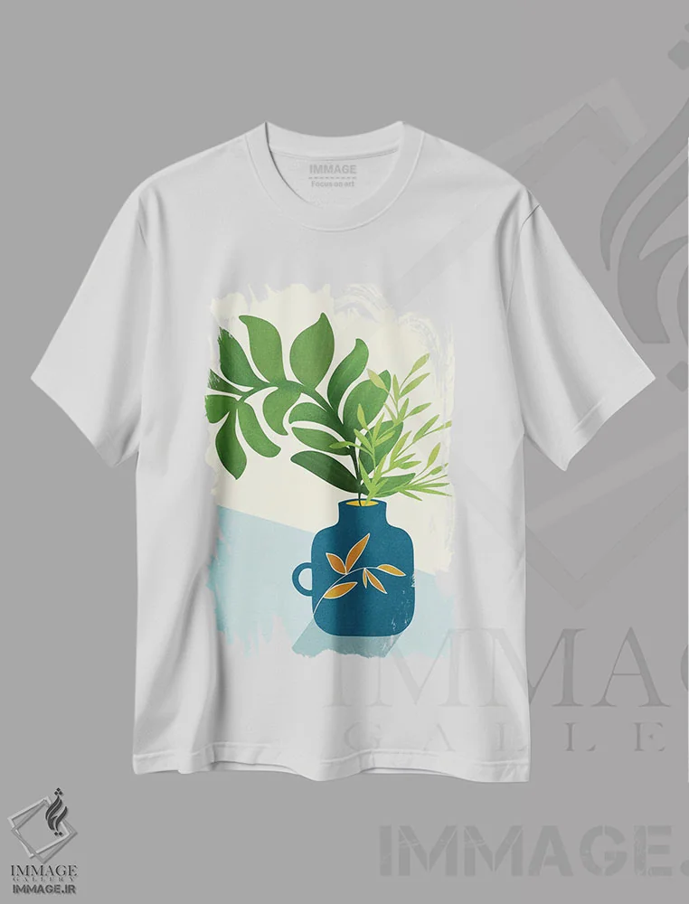 تیشرت سفید طرح دار – تیشرت هنری ,باغ پنجره قدیمی اثر مدرن تروپیکال فروشگاه ایماژ