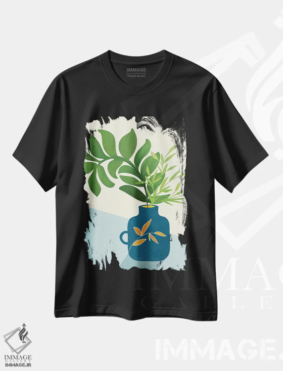 تیشرت مشکی طرح دار – تیشرت هنری ,باغ پنجره قدیمی اثر مدرن تروپیکال immage.ir