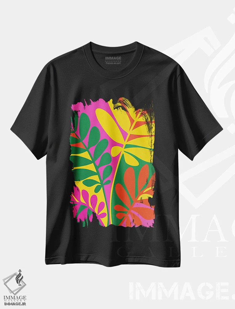 تیشرت مشکی طرح دار – تیشرت گرمسیری ,گیاهان درخشان اثر مدرن تروپیکال فروشگاه ایماژ