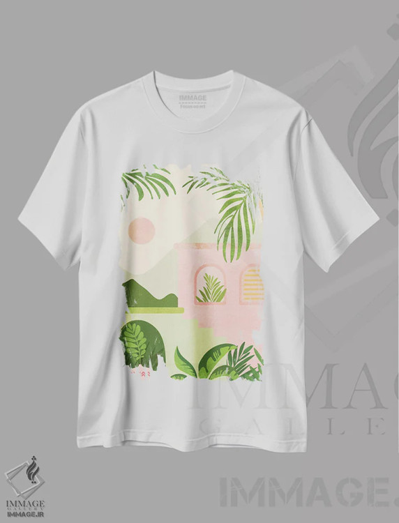 تیشرت سفید طرح دار – تیشرت منظره ,ویلا کوهستانی اثر مدرن تروپیکال فروشگاه ایماژ