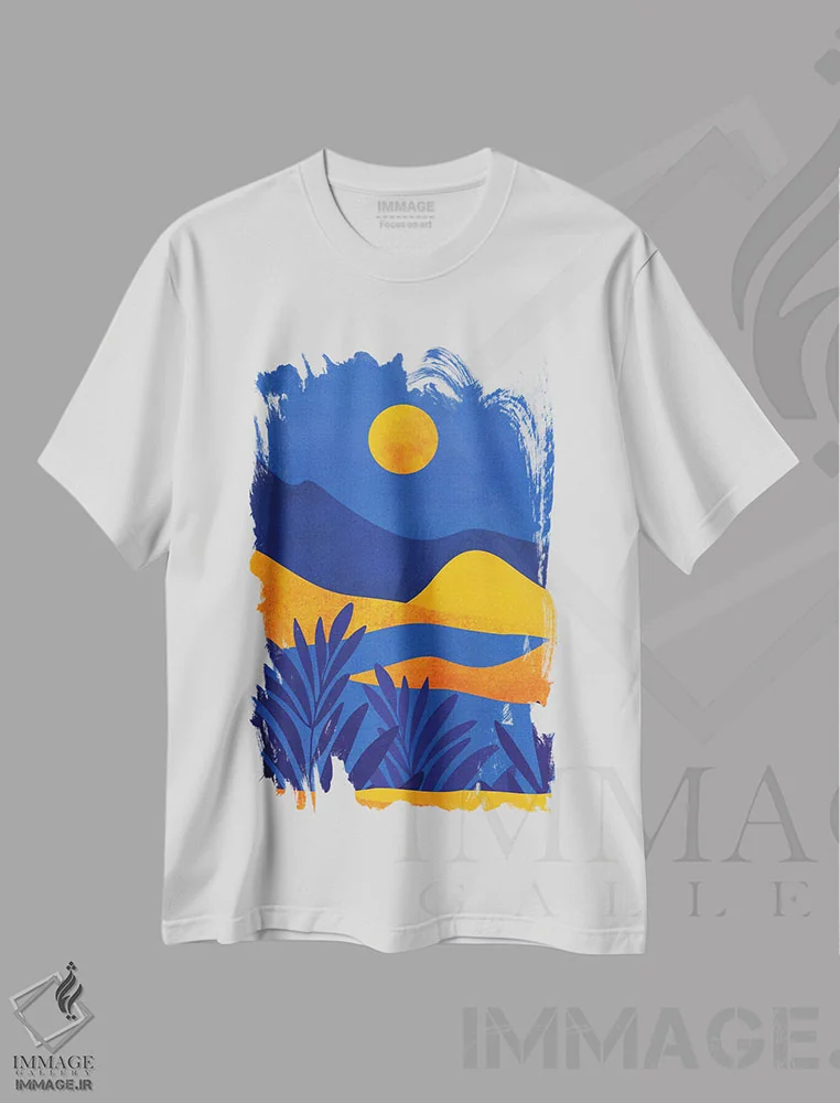 تیشرت سفید طرح دار – تیشرت طبیعت ,کوه های طلوع ماه اثر مدرن تروپیکال immage.ir