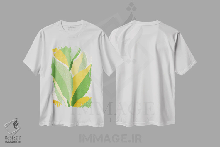 تیشرت سفید طرح دار – تیشرت برگ ,طبیعت معاصر آفتابی اثر مدرن تروپیکال فروشگاه ایماژ