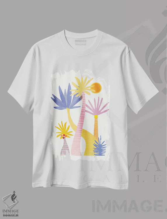 تیشرت سفید طرح دار – تیشرت بوهمی ,جنگل خیالی اثر مدرن تروپیکال immage.ir