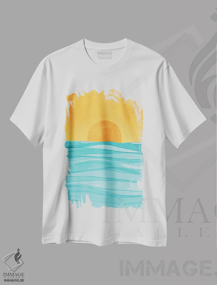 تیشرت سفید طرح دار – تیشرت منظره ,غروب ساحلی اثر مدرن تروپیکال فروشگاه ایماژ