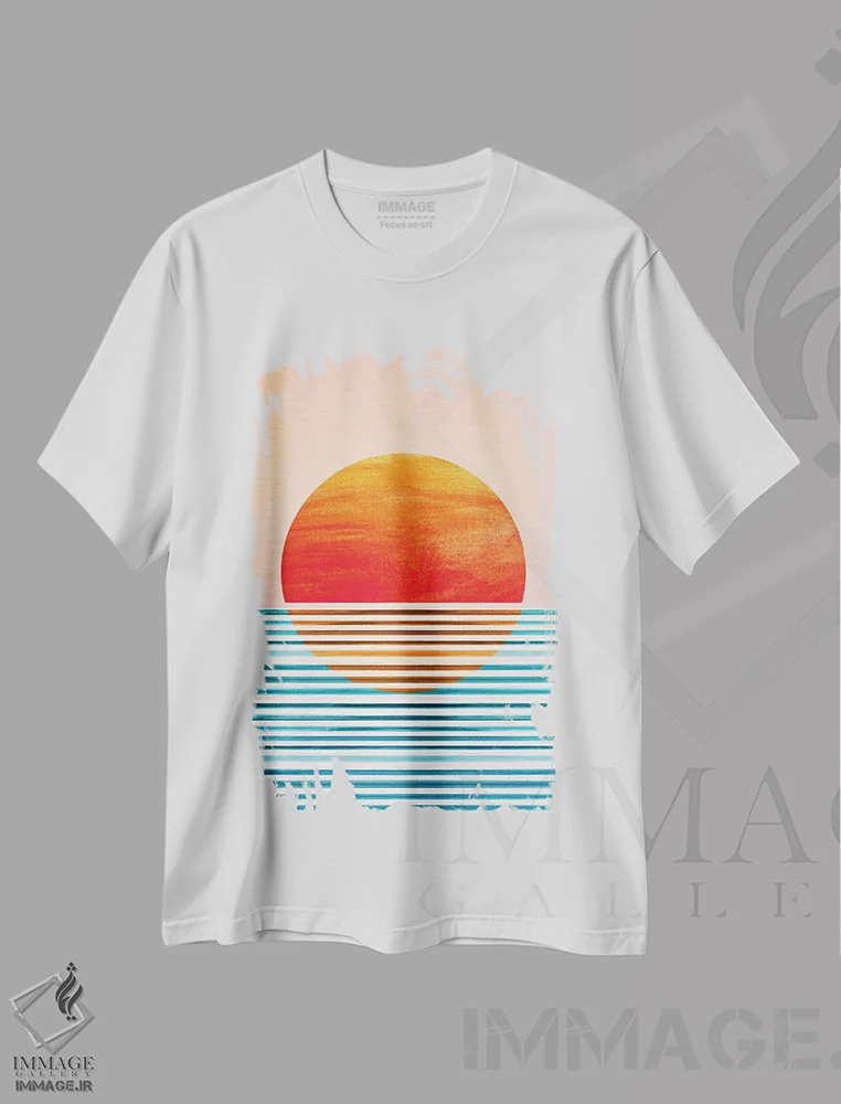 تیشرت سفید طرح دار – تیشرت مینیمال ,غروب هندسی مینیمال اثر مدرن تروپیکال فروشگاه ایماژ