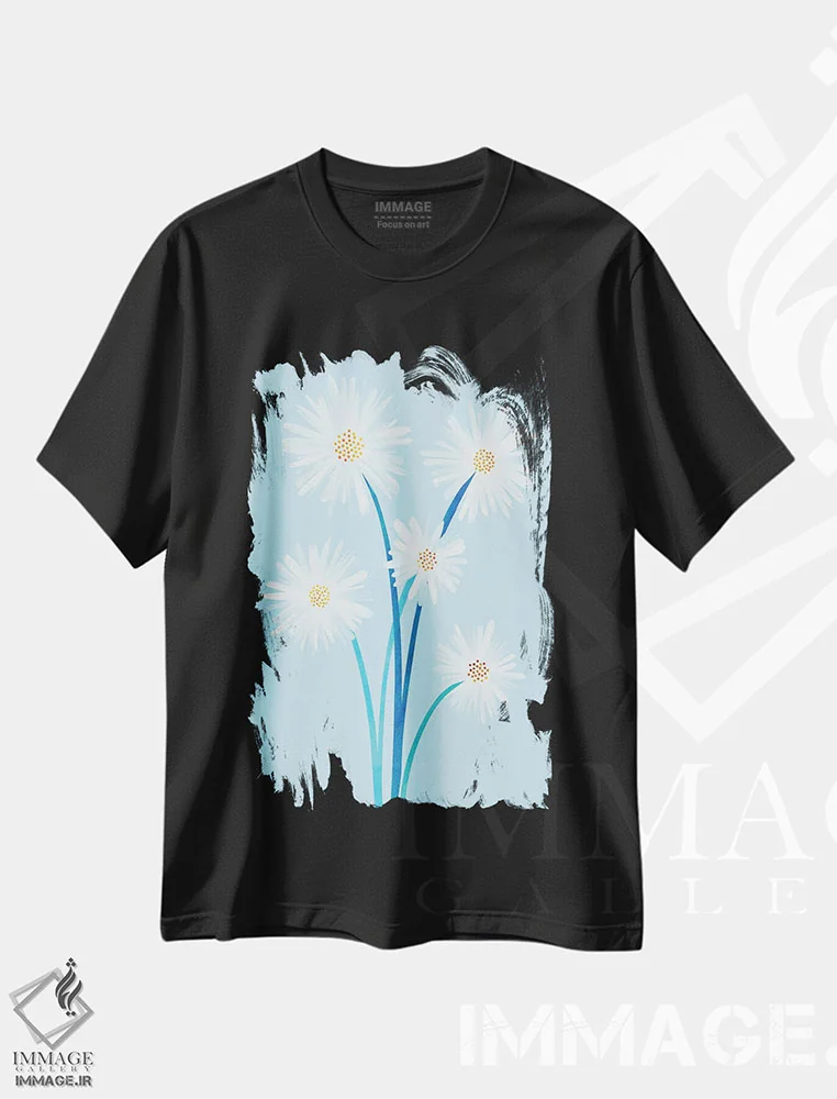 تیشرت مشکی طرح دار – تیشرت گل ,بابونه های صبحگاهی اثر مدرن تروپیکال فروشگاه ایماژ