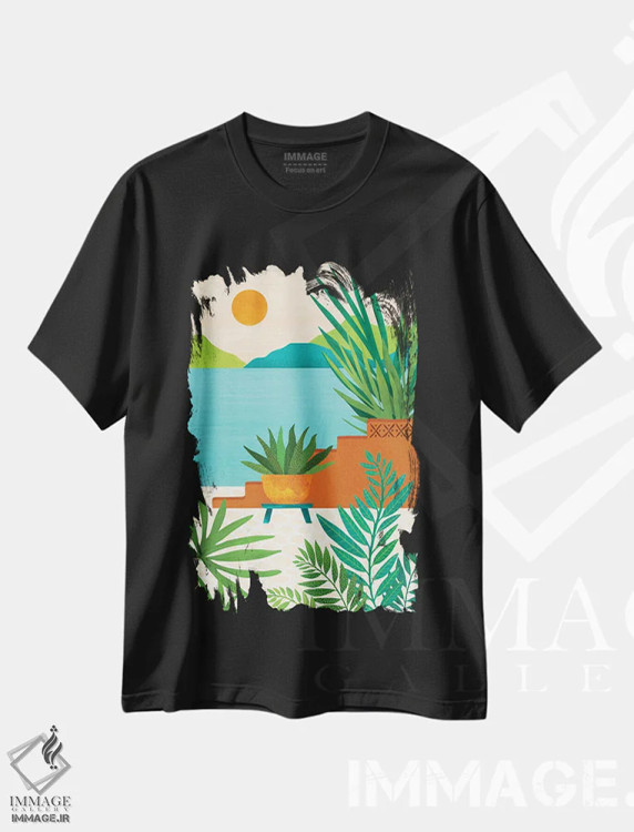 تیشرت مشکی طرح دار – تیشرت گرمسیری ,غروب ساحل بالی اثر مدرن تروپیکال immage.ir