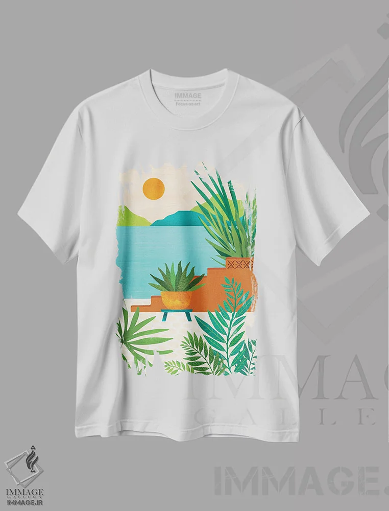 تیشرت سفید طرح دار – تیشرت گرمسیری ,غروب ساحل بالی اثر مدرن تروپیکال فروشگاه ایماژ