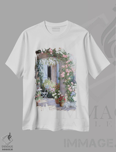 تیشرت سفید طرح دار – تیشرت هنری ,دعوت گل ها اثر پیتر موتز فروشگاه ایماژ